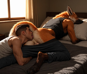 anal anthro balls bed bedroom bottomwear bottomwear_down butt clothed clothing detailed_fur duo ear_piercing eyes_closed fur furniture genitals inside light lying lying_on_bed male male/male muscular muscular_anthro muscular_male neck_tuft on_bed on_front oral orange_body orange_fur pants pants_down partially_clothed paws perineum piercing pillow raised_tail realistic realistic_fur realistic_lighting rimming sex shirt sleeping sunlight tank_top tongue tongue_out topwear tuft window delken canid canine human mammal maned_wolf detailed hi_res