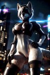 anthro black_clothing blindfold breasts camel_toe city city_background cleavage cleavage_cutout clothed clothing cyberpunk female fur gloves hair handwear legwear leotard skimpy solo thigh_highs tight_clothing white_body white_clothing white_fur white_hair wide_hips furtasticv20_(model) rodinsinker yorha_2b canid canine canis mammal wolf hi_res