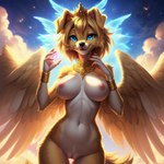 anthro bird_dog blonde_hair blue_eyes breasts canid canine canis cloud domestic_dog female front_view genitals gold_(metal) gold_jewelry golden_retriever hair happy hunting_dog jewelry lurktime_(director) magic mammal pussy retriever sky solo thigh_gap wings