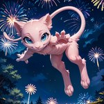 ambiguous_gender anthro bent_over blue_eyes fireworks fluffy flying looking_at_viewer night night_sky outside pink_body smile solo nonimousmate felid legendary_pokemon mammal mew pokemon_(species) hi_res