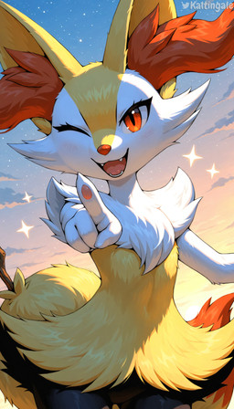 4_fingers ambiguous_gender anthro black_body black_fur blush blush_lines cloud cute_fangs fingers fluffy fur gesture happy looking_at_viewer one_eye_closed open_mouth outside pawpads pointing pointing_at_viewer red_body red_eyes red_fur sky smile solo sparkles star starry_sky stick tail teeth tongue tuft white_body white_fur wink yellow_body yellow_fur kaltingale_(director) nintendo pokemon braixen generation_6_pokemon pokemon_(species) hi_res