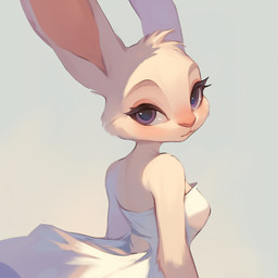 anthro big_ears big_eyes breasts cheek_tuft clothing dress eyebrows eyelashes facial_tuft female fur head_tuft looking_at_viewer pink_inner_ear pink_nose purple_eyes simple_background solo tuft white_body white_clothing white_fur sappy lagomorph leporid mammal rabbit hi_res shaded