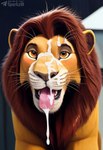 bodily_fluids cum cum_in_mouth cum_inside cum_on_face cum_on_tongue disney feral fur genital_fluids hair looking_at_viewer male mane open_mouth orange_eyes solo text tongue tongue_out whiskers yellow_sclera sergalbutt the_lion_king simba_(the_lion_king) felid lion mammal pantherine detailed hi_res signature url