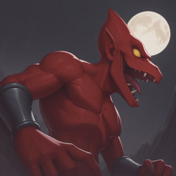 anthro bracelet empty_eyes fangs featureless_chest full_moon humanoid_pointy_ears jewelry male moon night open_mouth red_body smile solo teeth tongue torsh3 capcom firebrand demon gargoyle