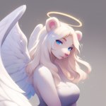 anthro blue_eyes breasts clothed clothing dress eyebrows feathered_wings feathers female fur glistening glistening_eyes hair halo lips looking_at_viewer pink_inner_ear pink_lips pink_nose simple_background solo sparkles white_body white_fur white_hair wings sappy_(director) angel mammal polar_bear ursid ursine hi_res