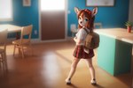 aiko anthro backpack bottomwear clothing cub female hairbow hooves kitchen looking_at_viewer skirt solo young venisoncreampie venison cervid mammal hi_res