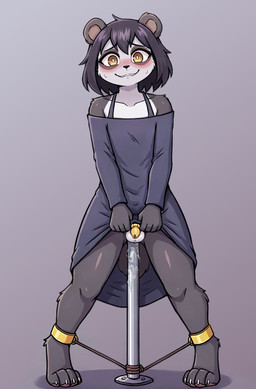 ambiguous_fluids anthro belly blush blush_lines blushing_at_viewer bodily_fluids bottomwear chastity_cage chastity_device clothed clothing clothing_lift dark_hair dildo dress fangs fur gradient_background gynomorph intersex looking_at_viewer multicolored_body one-bar_prison paws restrained_legs restraints sex_toy short_tail simple_background skirt skirt_lift smirking_at_viewer solo solo_gynomorph standing sundress sweat teeth white_belly yellow_eyes anonymous_director vkontakte maxine_(vkontakte) giant_panda mammal ursid hi_res