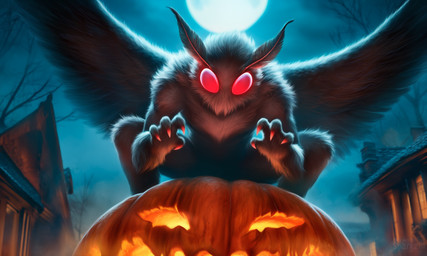 4_fingers ambiguous_gender anthro biped black_body black_fur building claws detailed_background feathers fingers fluffy food fruit full_moon fur glowing glowing_eyes halloween holidays house jack-o'-lantern looking_at_viewer low-angle_view moon night outside plant pumpkin red_eyes sky solo spread_wings telegram telegram_logo text tree tuft wings sergalbutt halloween_2025 mothman arthropod cryptid insect lepidopteran moth 5:3 director_name hi_res signature url
