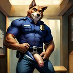 anthro canid canine canis clothing domestic_dog fur genitals hi_res looking_at_viewer male mammal muscular penis police police_uniform sforza solo solo_focus tagme uniform