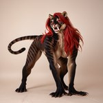 all_fours anthro black_body black_fur brown_body brown_fur claws fangs female fur growling hair long_hair looking_at_viewer multicolored_body multicolored_fur nude ponyrealism_(model) red_eyes red_hair simple_background solo stripes teeth director_crashbandit felid feline mammal