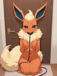 anthro big_ears blue_eyes breasts carpet collar detailed_background door door_handle female fur genitals inner_ear_fluff leash navel orange_body orange_fur paws pink_paws pussy raised_arms solo tail tuft myrlonel nintendo pokemon eeveelution flareon generation_1_pokemon pokemon_(species) hi_res
