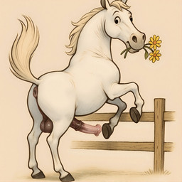 animal_genitalia animal_penis anus balls bing_image_creator butt equine_genitalia equine_penis fence feral flower genitals holding_object looking_at_viewer looking_back male penis plant poney puffy_anus simple_background simple_eyes solo toony white_body eclipsetheorca equid equine horse mammal hi_res shaded simple_shading stable_diffusion