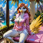 anthro beach bottomless clothed clothing feathers female genitals hoodie looking_at_viewer mountains pussy seaside sitting solo tail_feathers topwear denis0k avian bird