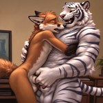 5_fingers animal_ears animal_genitalia anthro aroused athletic athletic_male balls bedroom bedroom_eyes belly biceps black_ear_tips black_ears black_eyes black_nose black_stripes blush brown_arms brown_tail_tip canine_genitalia canine_nose claws cradling desk dipstick_tail duo ears_back embrace eyes_closed feline_tail finger_in_sheath fingering fingers fluffy fluffy_chest fluffy_tail fur furniture genitals hand_on_back head_down holding_partner hug inner_ear_fluff inside interspecies lipsticking looking_at_another looking_at_partner looking_down male male/male markings moan molkeunkemoxl_(model) muscular narrowed_eyes neck_tuft nightstand nude open_mouth orange_body orange_fur pawpads paws penis penis_tip pink_nose pink_pawpads pivoted_ears plant plant_pot potted_plant round_ears seductive sheath sheath_fingering sheath_play side_view slim standing striped_body striped_fur stripes table tail_markings tan_belly teasing tongue tuft whisker_spots whiskers white_belly white_body white_fur yellow_sclera scoutr scout_the_fox canid canine felid fox mammal pantherine red_fox tiger alternate_version_at_source hi_res painting_(artwork) traditional_media_(artwork)
