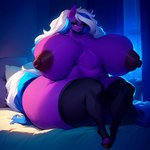 anthro bedroom bedroom_eyes big_breasts blue_highlights breasts equestrian equid equine female gigantic_hips gigantic_saggy_breasts hair hi_res highlights_(coloring) horny horse huge_breasts mammal mature_female my_little_pony narrowed_eyes night nipples nsfw overweight phazon pony puffy_nipples purple_body red_eyes seductive silver_hair solo