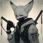 anthro canid fur grey_eyes lucifluffy male mammal melee_weapon solo sword techwear weapon white_body white_fur wilek