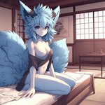 anthro baggy_clothing bed blue_eyes blue_hair breasts canid canine clothed clothing exposed_breasts female fluffy fluffy_tail fox furniture hair japanese_house kneeling looking_at_viewer mammal navel nipples on_bed seductive sitting sitting_on_bed skimpy smile solo ulfyn