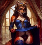 accessory anthro arm_warmers armwear breasts clothed clothing clothing_lift curled_hair dress dress_lift female hair hair_accessory legwear looking_at_viewer medieval medieval_clothing naturally_censored ornaments palace presenting pubes silk small_breasts solo stockings cerinil canid canine fox mammal hi_res