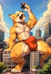 anthro big_bulge bulge duo imminent_vore macro male muscular raised_arm sitting thedavid fox_mccloud wolf_o'donnell canid canine canis fox mammal wolf hi_res