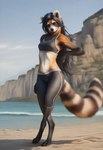 anthro beach black_hair bottomwear bra cliff clothed clothing digitigrade eyes_closed female fur hair hill long_hair multicolored_body multicolored_fur pants seaside smile solo sports_bra standing stripes underwear water wave yoga_pants director_crashbandit ailurid hybrid mammal procyonid raccoon red_panda hi_res novelai