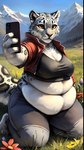 anthro belly big_belly bottomwear breasts cellphone cleavage clothed clothing crop_top felid female ffox475 hi_res jacket kneeling landscape mammal mountains obese overweight pantherine pants phone shirt smartphone snow_leopard solo topwear