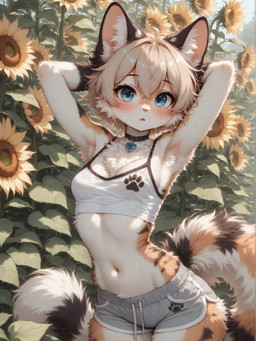anthro armpit_showing armpit_tuft black_body black_fur blue_eyes blush bodily_fluids bottomwear breasts brown_hair chest_tuft choker clothed clothing ears_up female flower fluffy fluffy_tail footprint fur hair hands_behind_head hotpants jewelry looking_at_viewer multicolored_body multicolored_fur navel necklace orange_body orange_fur organs outside pawprint plant short_hair shorts sleeveless_shirt slim small_breasts solo standing stomach sunflower sweat tail tuft white_body white_fur furkrazed felid feline mammal hi_res