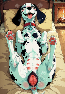 animal_genitalia animal_pussy anus bodily_fluids breasts canine_genitalia collar dripping female feral fur genital_fluids genitals nipples nude presenting pussy solo spots spotted_body tongue diddlier canid canine canis dalmatian domestic_dog mammal absurd_res hi_res