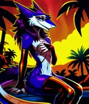 ambiguous_gender anthro armwear blue_body blue_eyes closed_smile clothing covering covering_breasts elbow_gloves female flat_chested gloves hair handwear hi_res legwear looking_at_viewer messy_hair oldhroft palms sergal sitting solo sunset thigh_highs