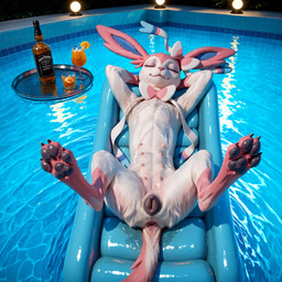 4_toes 8_nipples alcohol anatomically_correct anatomically_correct_genitalia anus beverage bodily_fluids casual_exposure eyes_closed feet female feral genital_fluids genitals lights multi_nipple nails nipples plate pool pool_float pussy_juice relaxing sleeping tail_anus toes wet wet_body pleasedontlook nintendo pokemon eeveelution generation_6_pokemon pokemon_(species) sylveon hi_res