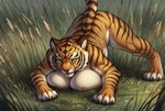 anthro big_breasts breast_squish breasts female grass huge_breasts plant pounce reeds solo squish stripes kyxsoon felid mammal pantherine tiger hi_res