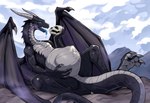 after_vore belly belly_bulge black_body black_scales blue_eyes claws day feral grey_belly hand_on_stomach horn male oral_vore outside reclining scales skull_accessory solo spines tongue tongue_out vore wing_claws wings loganth dragon