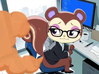 bottomless butt clothed clothing computer coughing eyewear fart fart_cloud fart_fetish female glasses grok_imagine office office_clothing smell solo squirrel_tail mirakelpung animal_crossing nintendo pecan_(animal_crossing) mammal rodent sciurid animated short_playtime sound webm
