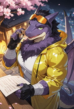 5_fingers anthro black_claws blurred_background cherry_blossom cherry_blossom_tree cherry_tree claws clothing fingerless_gloves fingers fruit_tree gloves green_eyes handwear high-angle_view holding_object holding_paper looking_at_viewer male neck_tuft paper plant purple_body purple_scales scales shirt solo tail three-quarter_view topwear tree tuft white_clothing white_shirt white_topwear wings wraps yellow_jacket kuri245bo that_time_i_got_reincarnated_as_a_slime gabiru_(that_time_i_got_reincarnated_as_a_slime) lizardman reptile scalie hi_res