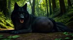 ambiguous_gender belly big_belly black_body black_fur brown_eyes canid canine canis feral fur i89323 mammal quadruped realistic realistic_fur solo tagme vore wolf