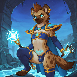 action_pose anthro bottomwear bulge clothed clothing crossdressing fighting_pose footwear fur ice legwear magic magic_user magic_wand male multicolored_body multicolored_fur panties paws pose socks solo tail thigh_highs underwear womb_tattoo plapenjoyer hyaenid mammal spotted_hyena