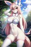 anthro blush bottomless breasts clothed clothing day eeveelution female generation_6_pokemon genitals hair legwear outside pink_body pink_hair pokemon_(species) pokemorph pussy solo stockings sylveon white_body