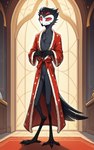 4_fingers anthro avian_feet bathrobe bathrobe_only beak chest_tuft claws clothed clothing crotch_tuft feathers featureless_crotch fingers grey_body helluva_boss male multi_eye no_pupils red_eyes red_sclera robe scuted_legs scutes slim solo standing tail_feathers talons tuft oldhroft stolas_(helluva_boss) avian bird demon owl_demon hi_res