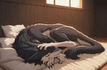 4_fingers ambiguous_gender black_body black_fur countershading curled_up digitigrade feral fingers foot_on_face fur grimace inside light morning one_eye_obstructed pillow sleeping solo sunlight wall_(structure) wood_wall degenstoic sergal hi_res