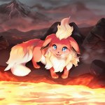 all_fours ambiguous_gender blue_eyes eeveelution feral flareon fur generation_1_pokemon lava looking_at_viewer orange_body orange_fur pokemon pokemon_(species) smile smoke solo tripletailslap volcano