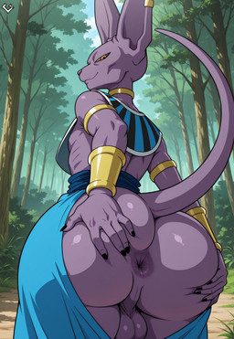 anthro anus balls big_butt bottomwear bottomwear_down bracelet butt clothed clothing ear_piercing ear_ring genitals hairless hand_on_butt huge_butt jewelry looking_at_viewer looking_back looking_back_at_viewer male pants pants_down partially_clothed piercing presenting presenting_anus presenting_hindquarters purple_body purple_skin raised_tail rear_view ring_piercing smile solo spread_butt spreading kittykitty11_(director) dragon_ball beerus domestic_cat felid feline felis hairless_cat mammal sphynx_(cat) hi_res