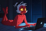anthro ass_up bed butt choker computer feet furniture hair horn jewelry laptop lying male necklace night nipple_piercing nipples nude on_front piercing red_body smile solo white_hair gdr helluva_boss moxxie_(helluva_boss) imp