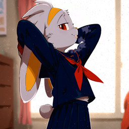 accessory anthro bedroom clothing female fur headband japanese_school_uniform necktie red_eyes red_necktie serafuku solo white_body white_fur window yellow_headband yellow_inner_ear professor_harkness_(director) nintendo pokemon generation_8_pokemon pokemon_(species) raboot hi_res