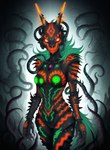 anthro armor breasts female glowing glowing_eyes horn icefoxai markings red_markings solo spikes tentacles