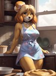 accessory anthro apron apron_only big_breasts blue_eyes breasts choker clothing female flower flower_in_hair hair hair_accessory inside jewelry kitchen mostly_nude necklace plant smile solo yellow_body nsfjerk isabelle_(animal_crossing) canid canine canis domestic_dog mammal shih_tzu toy_dog hi_res