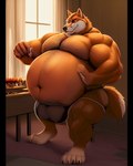 anthro balls belly big_balls big_belly big_muscles big_pecs black_nose body_hair brown_belly brown_body brown_fur canid canine chest_hair clothing curiousoxide fur genitals hand_on_stomach huge_balls huge_muscles hyper hyper_balls hyper_belly hyper_genitalia inside male mammal mostly_nude musclegut muscular muscular_anthro muscular_male navel overweight overweight_anthro overweight_male pecs red_eyes solo underwear window