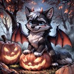 autumn bat_wings black_body blue_eyes chest_tuft chibi claws cute_fangs dim_lighting feral fluffy fluffy_tail fog front_view hair halloween inner_ear_fluff jack-o'-lantern male mane mane_hair membrane_(anatomy) membranous_wings neck_tuft night silver_hair sitting solo spread_wings tuft two-tone_body whiskers wings wolf_ears wolf_tail nightdancer nightdancer_(character) canid canine canis mammal wolf full-length_portrait hi_res portrait