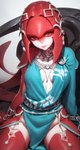 anthro blue_clothing breasts breath_of_the_wild cleavage clothed clothing female front_view jewelry looking_at_viewer nintendo red_body sitting skimpy solo the_legend_of_zelda the_legend_of_zelda:_breath_of_the_wild white_body tamrad mipha marine zora hi_res