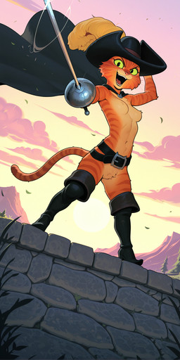 action_pose anthro belt belt_buckle black_eyes boots breasts cape cat_tail cloak clothing cloud colored_sclera crossgender crotch_tuft elbow_tuft falling_leaves featureless_breasts featureless_crotch female footwear fur green_eyes green_sclera hand_on_hat hat hat_feather headgear headwear high_heeled_boots high_heels holding_object holding_sword holding_weapon legwear looking_at_viewer loose_feather low-angle_view markings melee_weapon motion_lines mountains naturally_censored navel nipple_tuft open_mouth orange_body orange_fur plant pose prompt pupils rapier rule63 sky slit_pupils small_breasts smile smiling_at_viewer solo spread_legs spreading standing stone_wall striped_body striped_fur striped_markings stripes sun sunset sword tail teeth thigh_boots thigh_highs tongue tree tuft wall_(structure) weapon whiskers wind joe420 dreamworks puss_in_boots_(film) puss_in_boots_(dreamworks) domestic_cat felid feline felis mammal tabby_cat 2025 absurd_res alternate_version_at_source full-length_portrait hi_res portrait prompt_metainfo