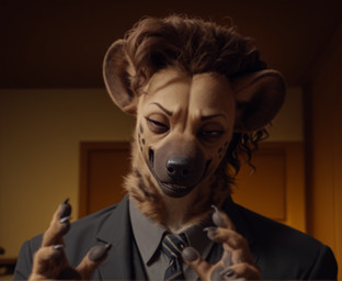 alternate_species ambiguous_gender anthro black_nose brown_body brown_fur brown_hair claws clothing fur furrification hair handpaw inside necktie paws solo squint_eyes suit aislopper hyaenid mammal bust_portrait meme portrait