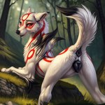 amaterasu_(okami) anatomically_correct anatomically_correct_genitalia animal_genitalia animal_pussy anus black_anus black_pussy butt canid canine canine_genitalia canine_pussy canis detailed detailed_background detailed_fur director_firewolf female feral forest furryrock_(model) genitals grass hi_res looking_at_viewer looking_back looking_back_at_viewer mammal paws plant presenting presenting_hindquarters pussy raised_tail rear_view solo spread_legs spreading tree wolf